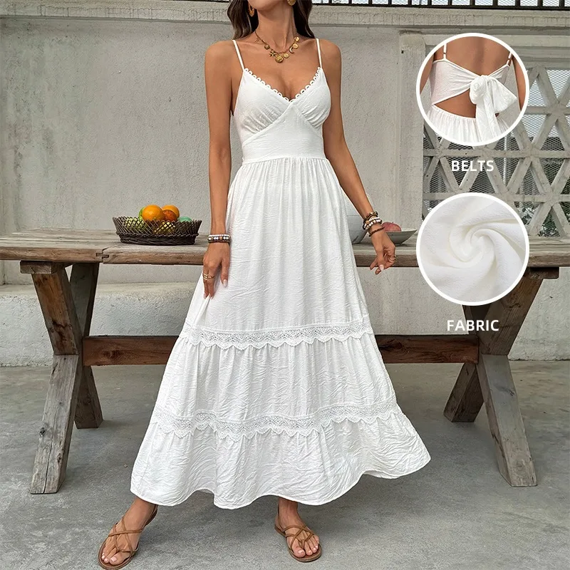 2026 New French Vacation Style Cake Dress with White Lace Suspender, Backless Bow, and Large Swing Dress