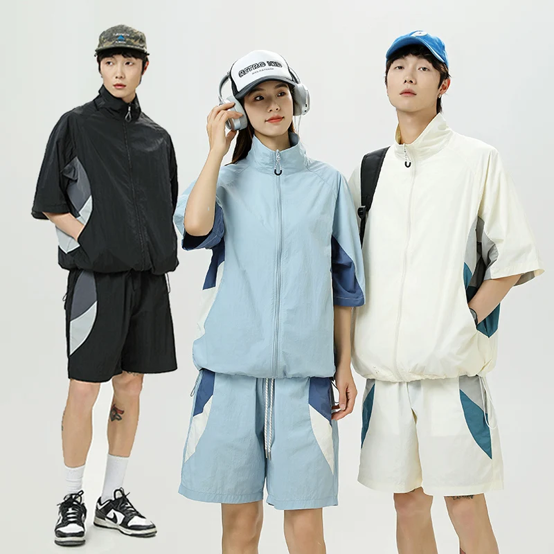 

Летний легкий спортивный комплект из 2 предметов для мужчин: быстросохнущие свободные повседневные рубашки с коротким рукавом на молнии и шорты, спортивные костюмы для студентов