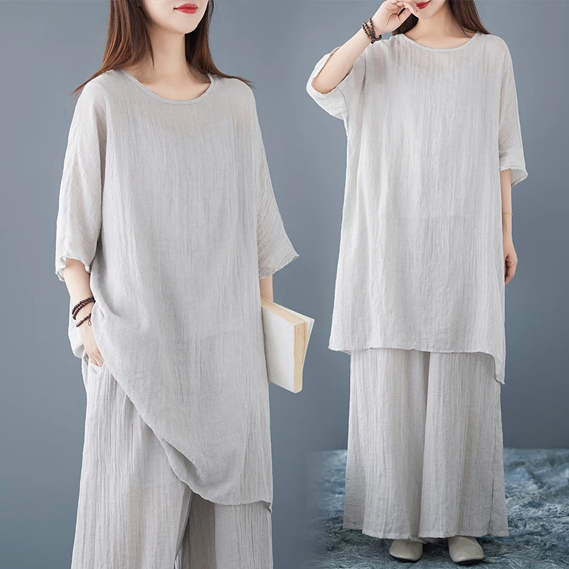  Silk Cotton Linen Set Zen Sle Top Pants Strap Wide Leg Pants Ethnic Stage Costume Women's Premium Ensemble