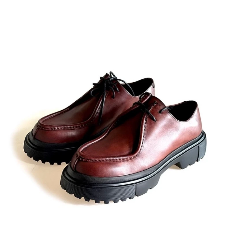 

Spring and autumn new cowhide thick bottom increase leisure tie leather shoes retro flat banquet dress large size men's shoes