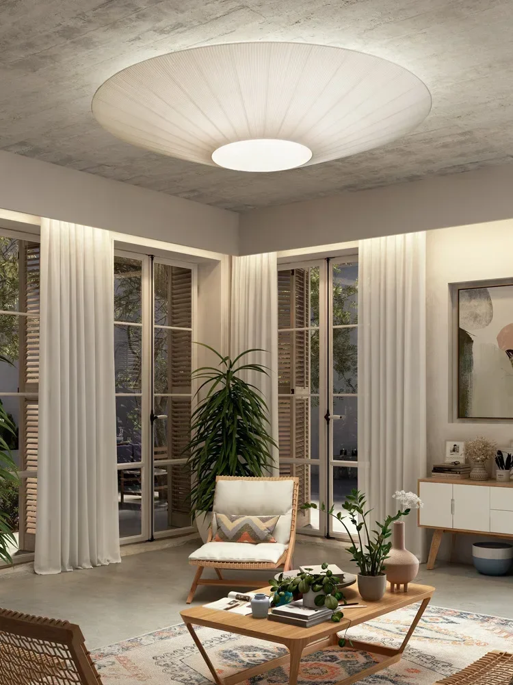 

Large Round Fabric LED Ceiling Lamp Beige White Flying Saucer for Bedroom Restaurant Hotel Decor