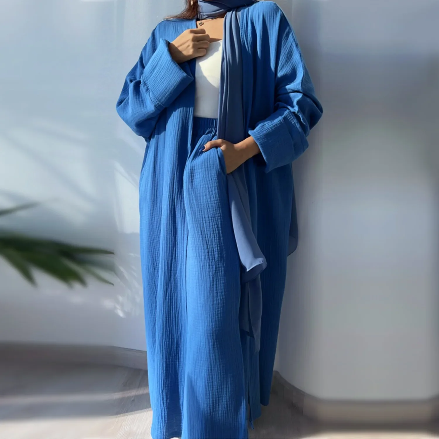 Summer Cotton Open Abaya with Pants Turkey Arabic Muslim Kimono Dress casual Abayas for Women Dubai African Islam Modest Outfit