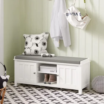 Image Shoe Storage Bench Entryway, White Window Bench with Cushion, Living Room Ottoman Bench, Small Shoe Cabinet Behind Doorw