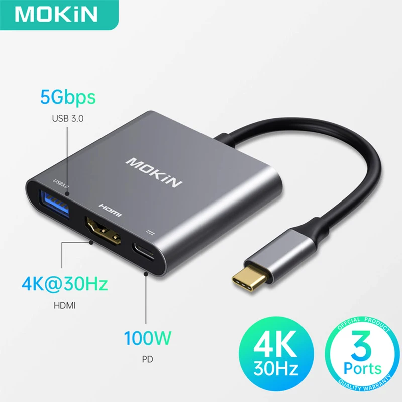 MOKiN USB C To HDMI Adapter 4k Thunderbolt 3 USB3.0 Port USB-C Charging Port Multiport Adapter for Macbook IPad 2021 2022 Xiaomi