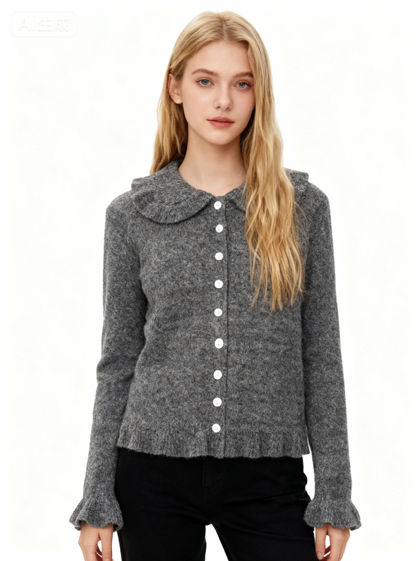 

Новое поступление женского вязаного кардигана с кукольным воротником и рюшами на манжетах, однобортного повседневного модного топа