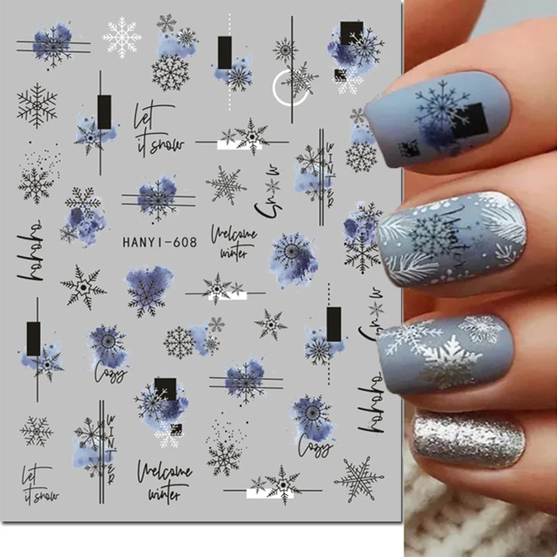 Autocollants adhésifs 3D pour ongles, décalcomanies, hiver, Noël, bleu, blanc, flocon de neige, curseurs, décoration, conseils, beauté