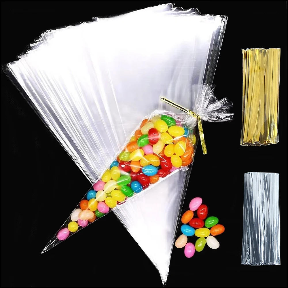 

100pcs Transparent Candy Packing Bags for Birthday Party Decorations Cellophane Candy Bag Popcorn Cone Gifts Cookies Storage Bag