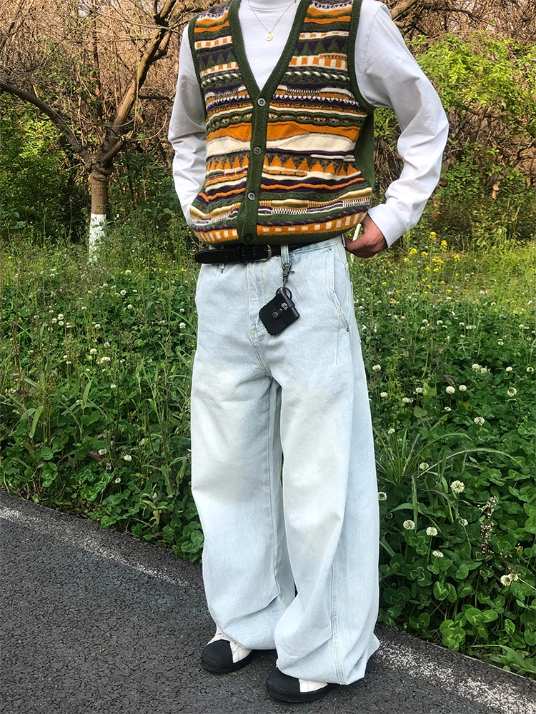 American Retro Wide Leg Jeans Light Blue A-Line Slim CleanFit Knife  Pants Japanese Style Baggy Floor-Length Casual Jeans