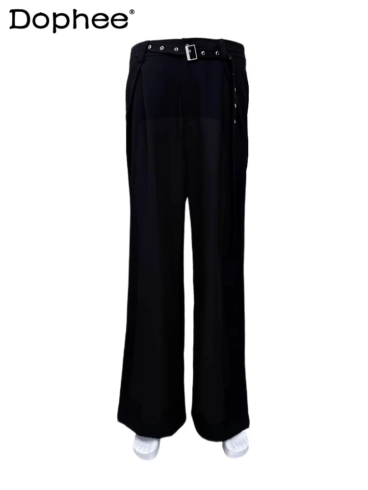 

Мужские осенне-зимние новые удобные костюмные брюки 2021, свободные прямые широкие модные длинные брюки, красивые шикарные брюки с украшением на поясе