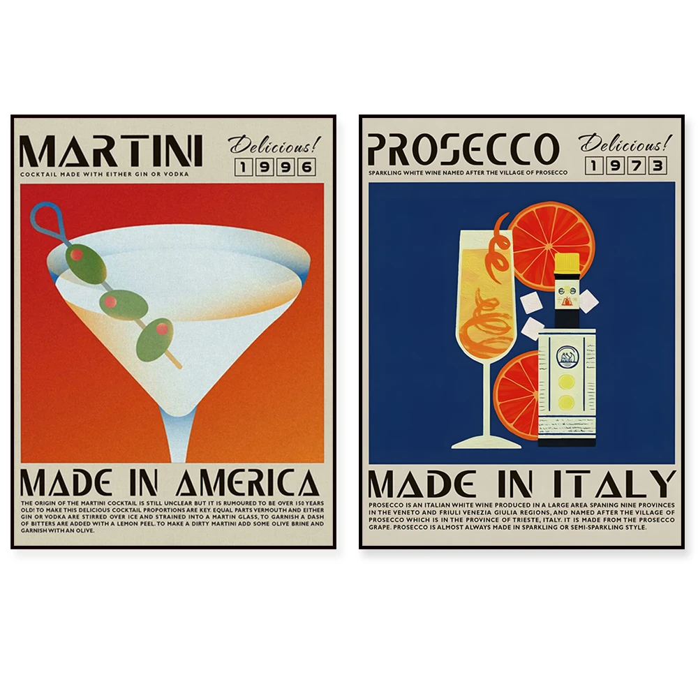 Funny cocktails poster, gin, martini, mojito, margarita tequila orange liqueur and lime, negroni, whiskey kitchen bar decoration