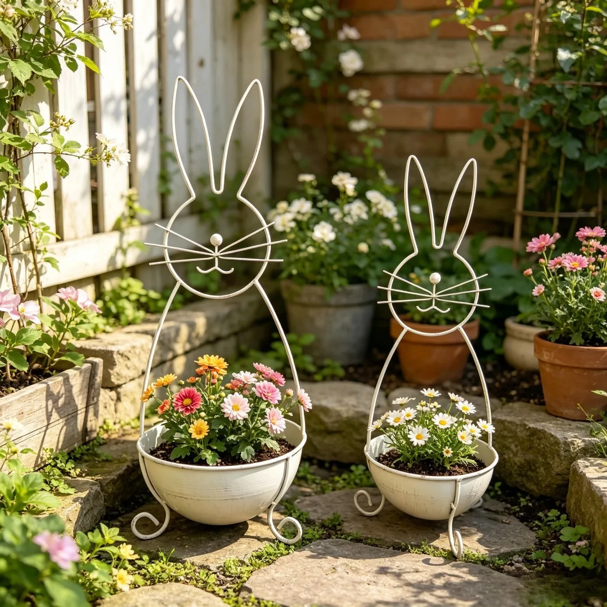 2pcs Cute Rabbit Outline Metal Plant Stand Planter Retro Iron Flower Pot Holder Farmhouses Garden Decor for Outdoor Yard Balcony