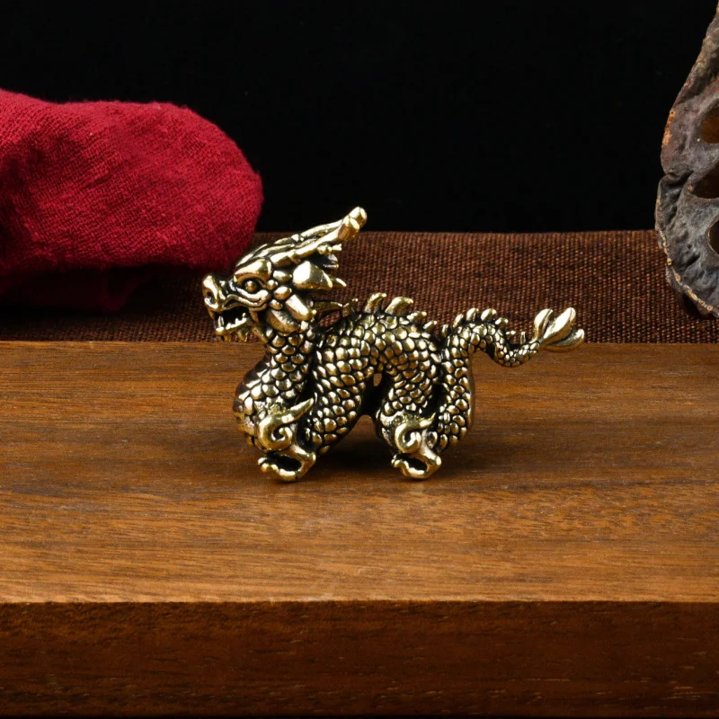 Brass Cloud Pattern Zodiac Ornament Flying Dragon Year Table Tea Pet Desktop Vintage Antique Copperware