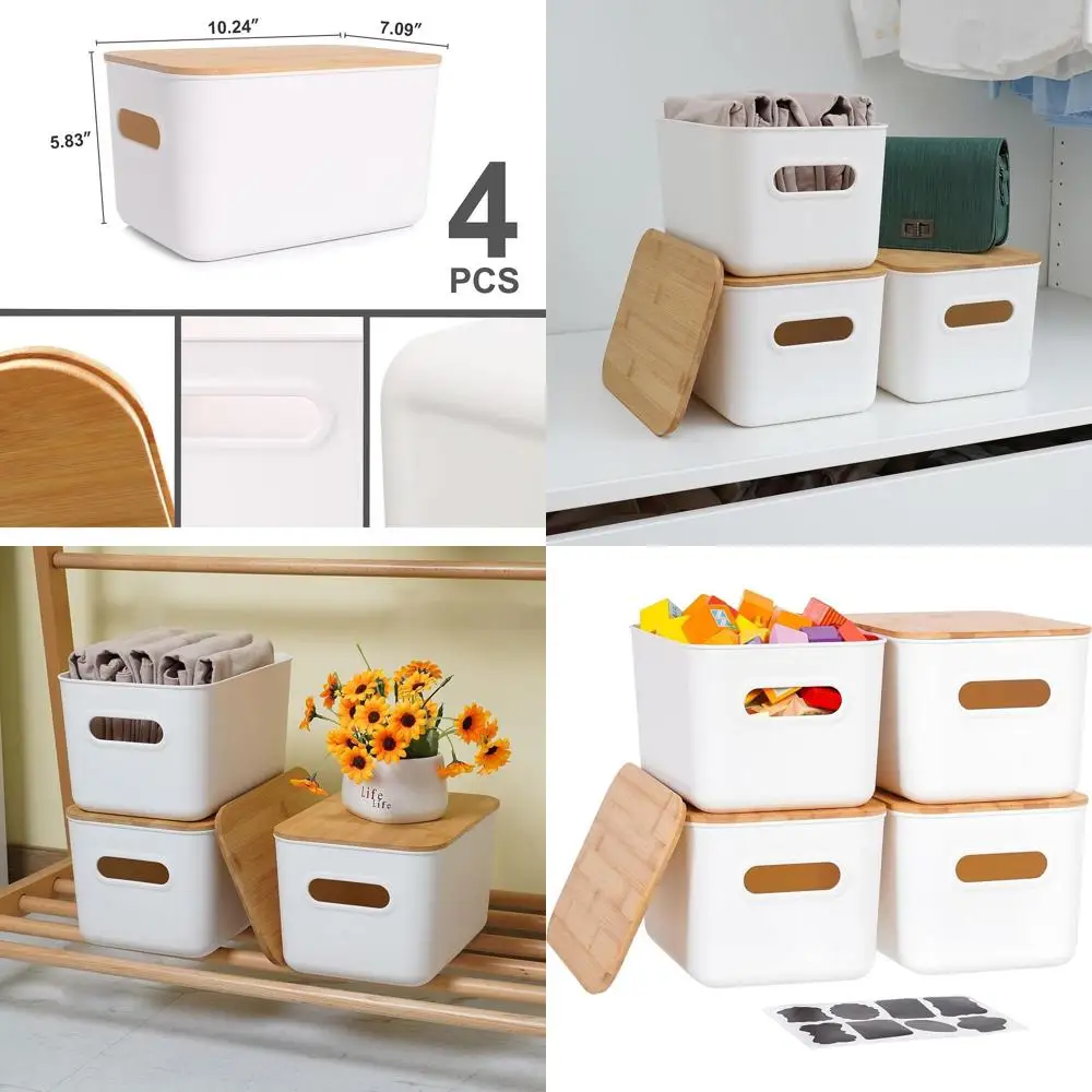 

Stackable Bamboo Lid Plastic Storage Bins, 4-Pack, 10.23x7.08x6.3 inches, with Handle for Organizing
