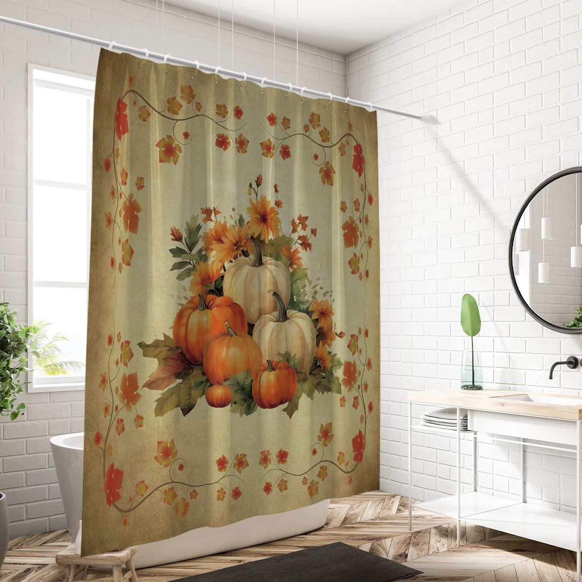 Thanksgiving Pumpkin Print Shower Curtain, Vintage Style Autumn Leaves Pattern Bathroom Decor with 12 Hooks