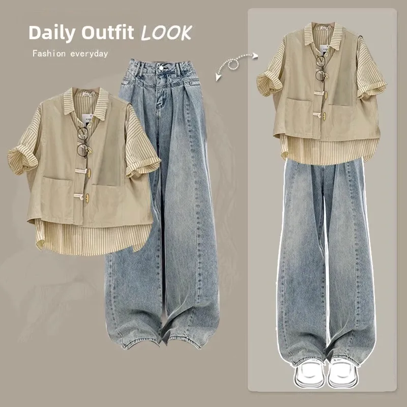 

Summer Fashionable Women's Set Casual Korean Striped Shirt Vest Wide Leg Jeans Three Piece Suit Casual Denim Outfit