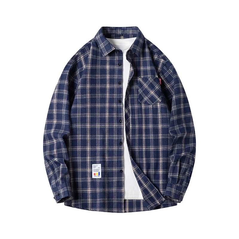 

Модная клетчатая рубашка с длинным рукавом для мужчин, повседневная, весна-осень, молодежная, в гонконгском стиле, верхняя одежда, с квадратным воротником, для различных случаев