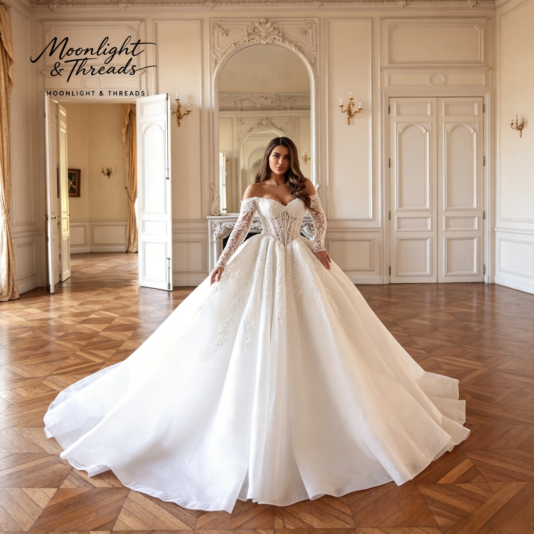 White Off-the-Shoulder Strapless Wedding Dress Long Sleeves Full Skirt Boning Waist Exquisite Embroidery Design