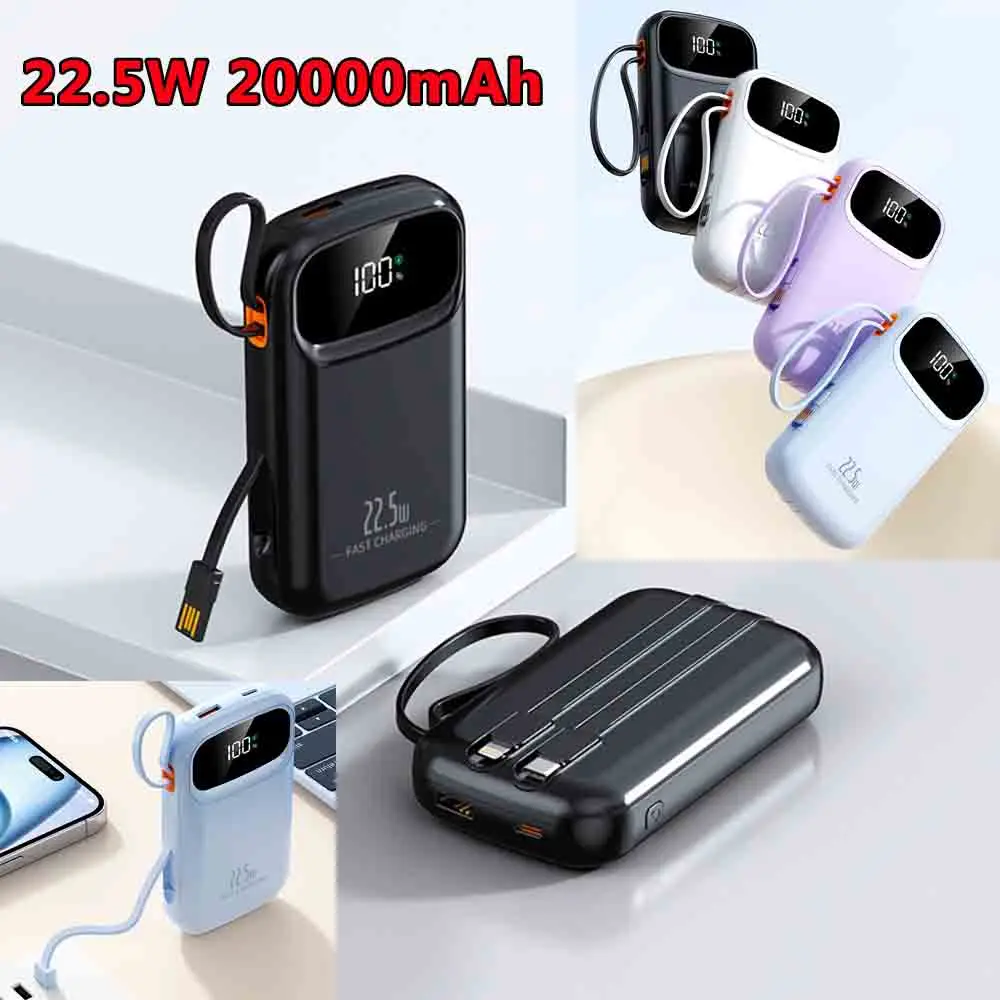 

20000 мАч Power Bank Встроенный выдвижной кабель USB-C для iPhone 16 Samsung Xiaomi 22,5 Вт Портативный внешний аккумулятор с быстрой зарядкой