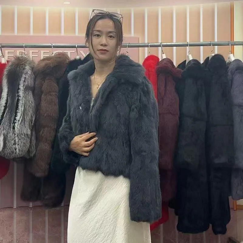 Lady Real Rabbit Fur Coat Jacket 2025 New Korean women Black Fashion Winter Warm Luxury natural fur clothes