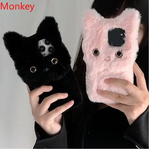 3D Cute Plush Cat Case For Samsung Galaxy A51 A71 A21S A04 A14 A24 A34 A54 A13 A23 A33 A53 A73 M14 M52 Note9 8 Fluffy Soft Cover