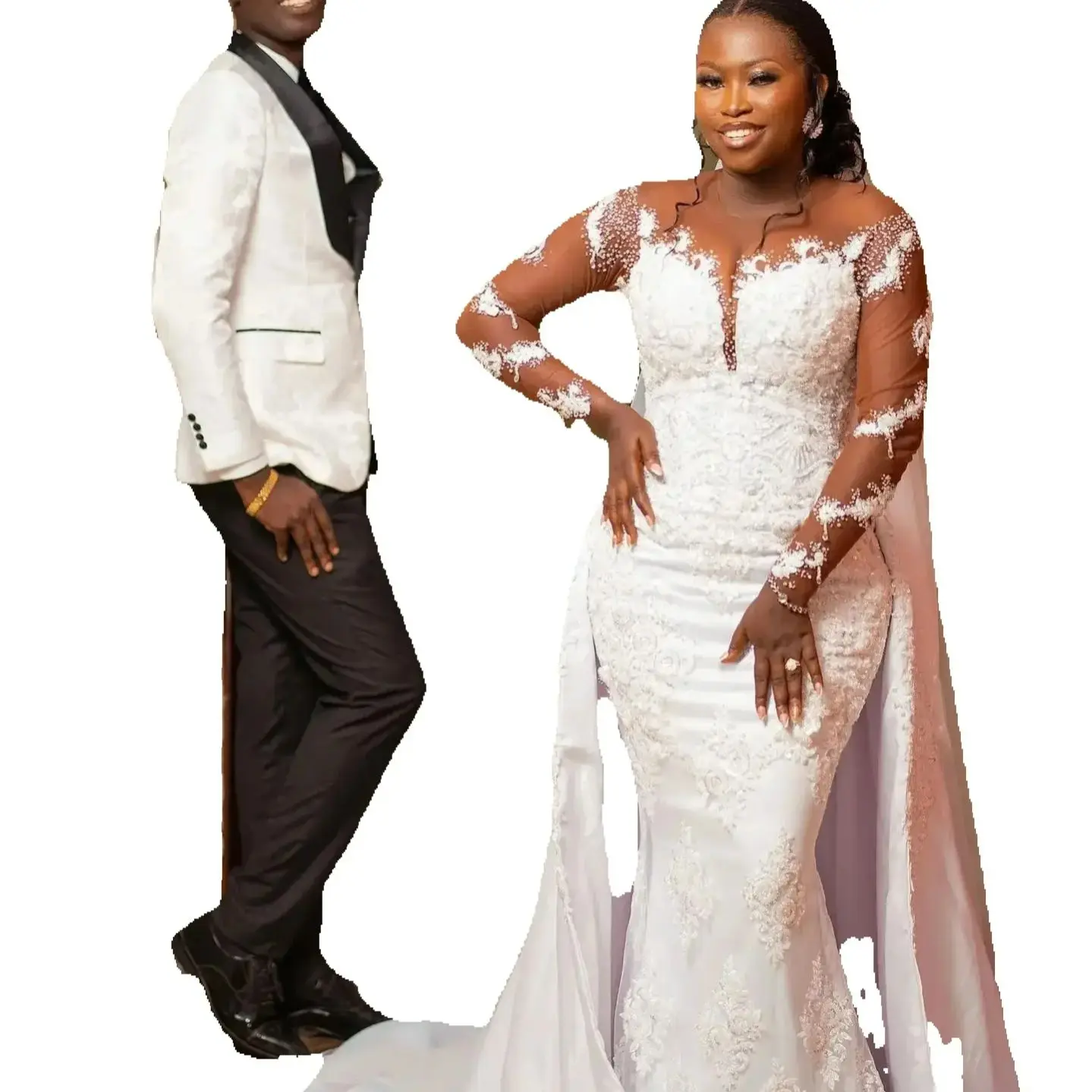 

Customized Heavy Handwork Lace Beaded Mermaid Arabic Aso Ebi Wedding Dress For Bride Long Sleeves Detachable Train Bridal Gown