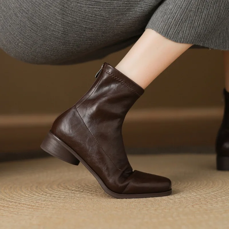 Autumn Vintage Elastic Slim Women Ankle Boots Fashion Soft Leather Shoes Ladies Elegant Thick Heel Mordern Short Booties
