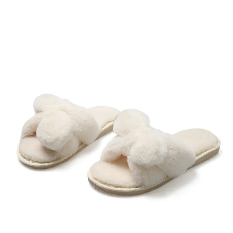 ฤดูหนาวใหม่ในร่ม Bow-Knot ผู้หญิงรองเท้าแตะสีเทาสีชมพู Faux FUR WARM Plush รองเท้าสุภาพสตรีรองเท้าแตะปุย