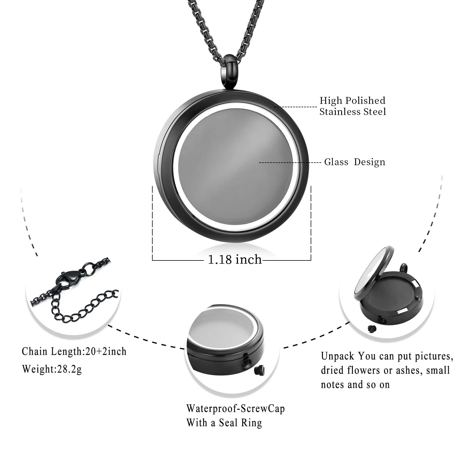 Glass Cremation Jewelry for Ashes Container Urn Necklace Pendant Stainless Steel Cylinder Memorial Necklace