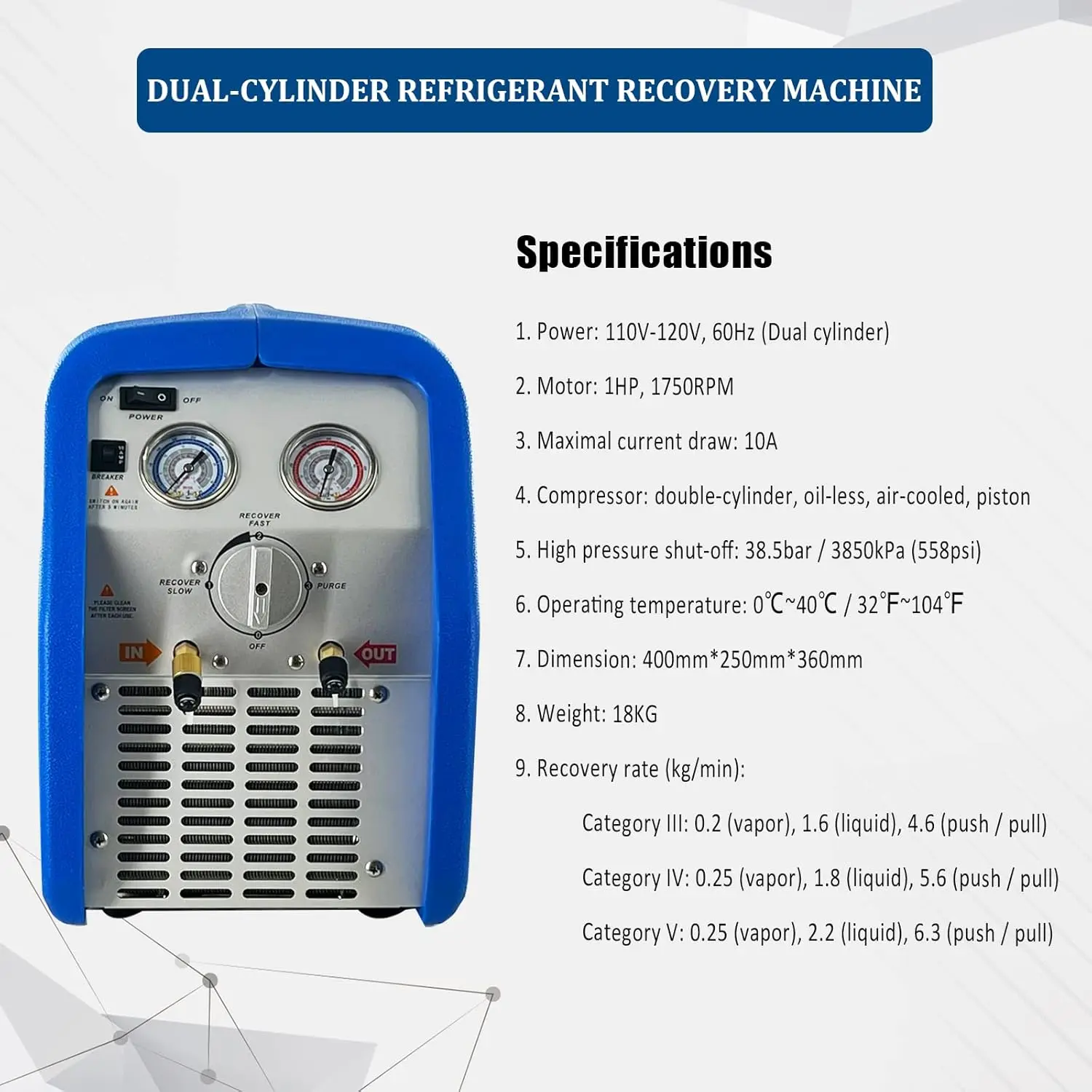 

Dual Cylinder Refrigerant Recovery Machine, 110V-120V 60Hz Portable Oil-less Freon Recycling Unit for Both Liquid,New Popularity