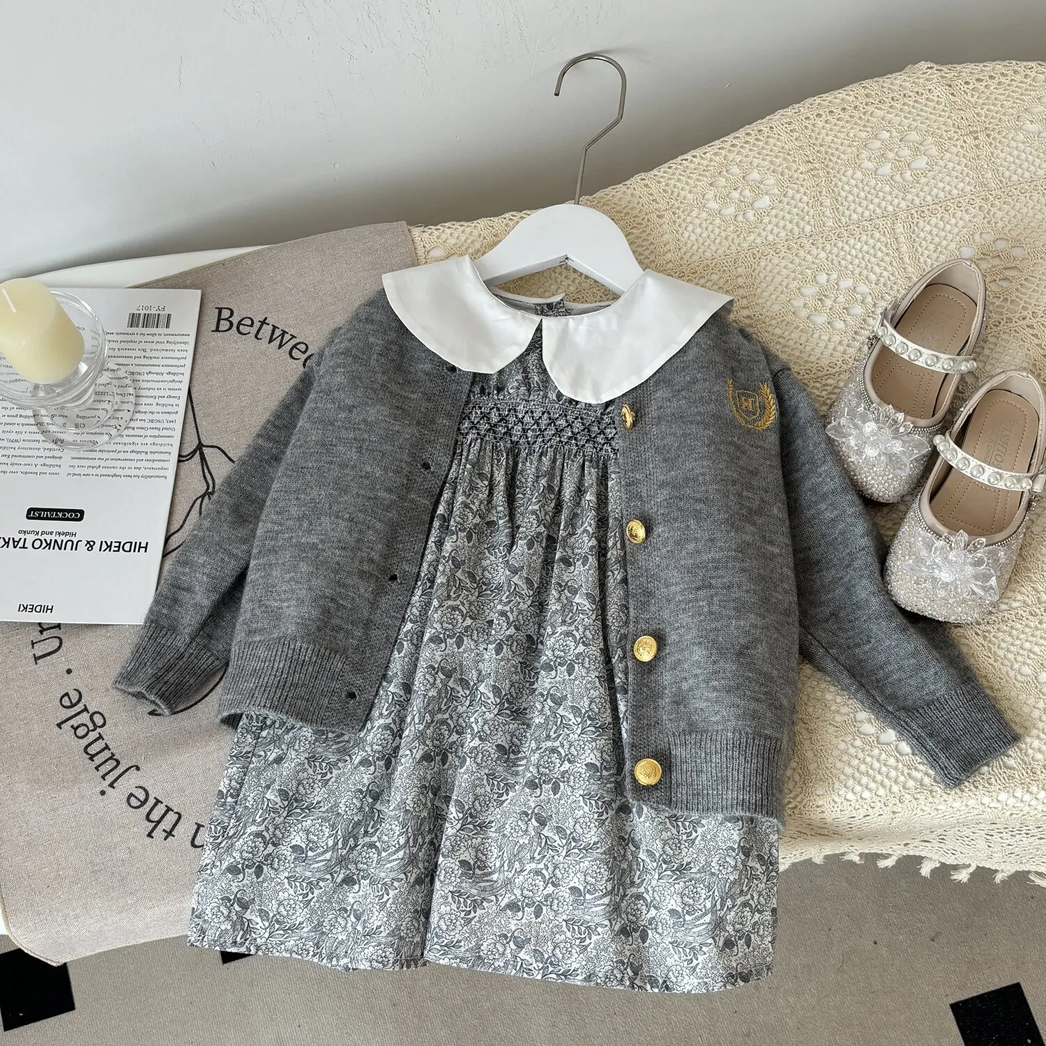 Girls Korean Autumn 2-Piece Set – Gray Knit Cardigan & Long Sleeve Princess Dress for Toddlers & Kids Girl Clothes