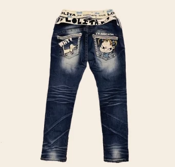 

Retro fun cute cartoon plush embroidery splicing style jeans casual low-waist slim jeans summer versatile women's clothing