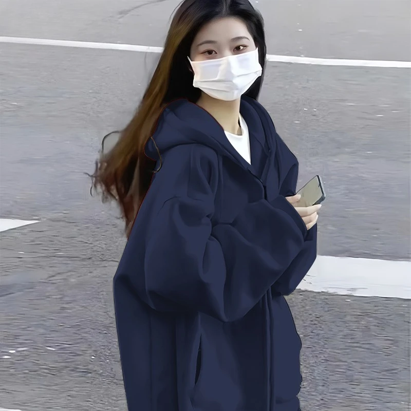 

Женский темно-синий кардиган-свитшот, новый стиль осени 2024, топ с капюшоном, свободный студенческий и ленивый стиль