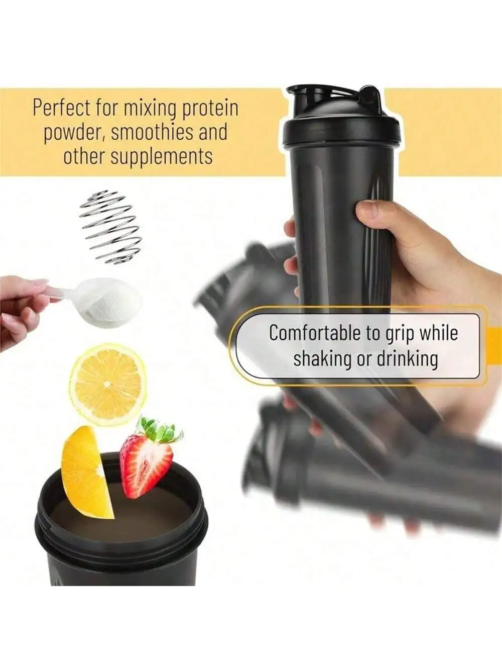 1pc 20oz/600ML Shaker Bottle Classic Loop Hook & Leak Proof,Scale ,A Small Stainless Whisk Blender,,Certified PP5