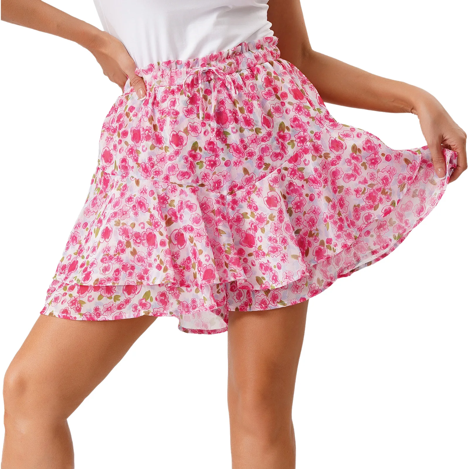 Minigonna da donna con stampa floreale bohémien, coulisse, orlo arricciato, gonna svasata, culotte, vacanza, spiaggia, tennis, costume sportivo
