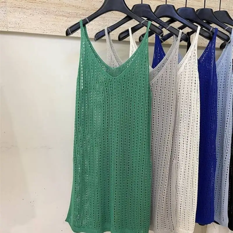 المرأة ثقب فضفاض فستان الصيف سترة تانك أكمام الدانتيل متماسكة محبوك الجنين الكروشيه بلوزة الشاطئ بوهو عادية نقطة فساتين متوسطة الطول