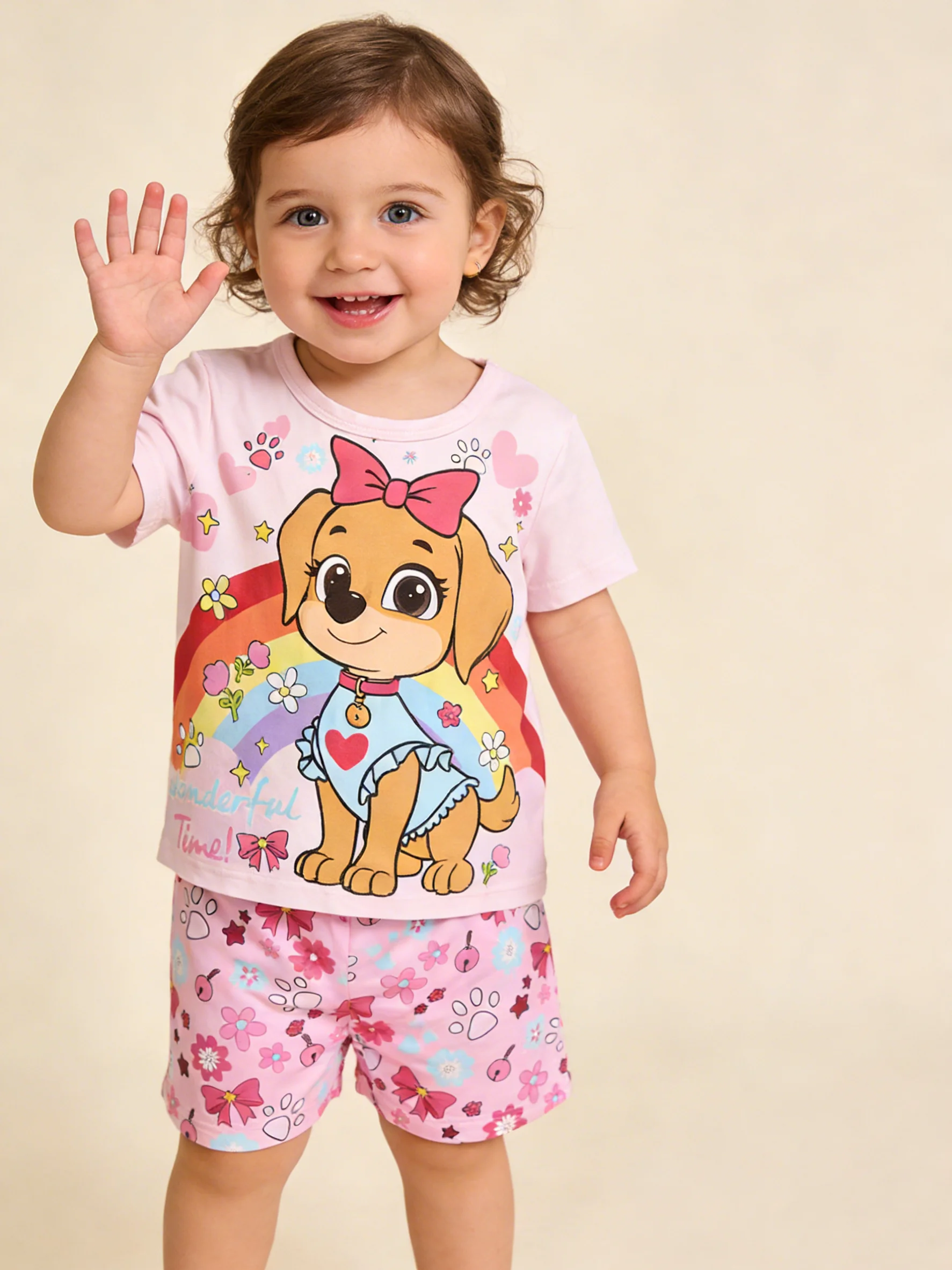 

Комплект с короткими рукавами и шортами для девочек с милым мультяшным принтом собаки и радуги, новое поступление