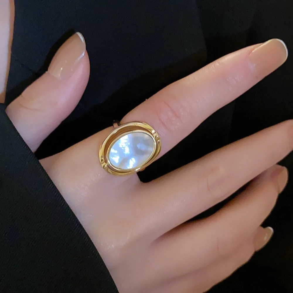 

Double Sided Flippable Rings Stainless Steel Charm Geometric Oval Rings Accessories Finger Jewelry Rotatable Opal Rings Women