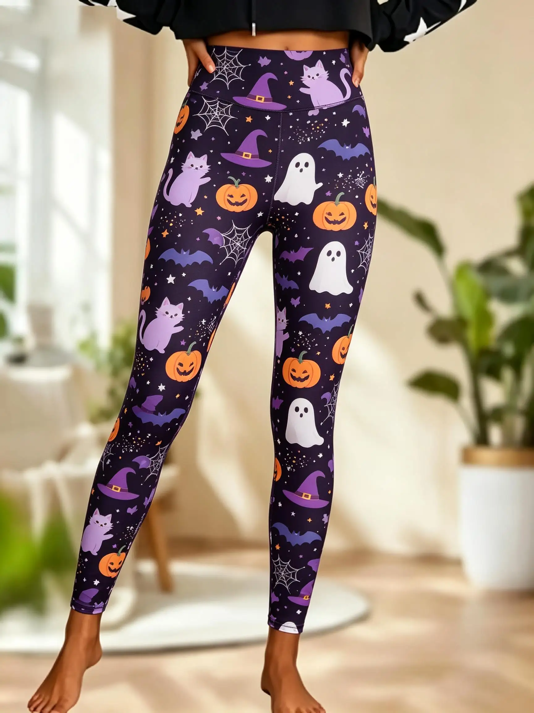 Women Halloween Fleece Mid‑Rise Leggings Ghost Cat Pumpkin Spider Web Bat Full Print Stretch Slim Pants