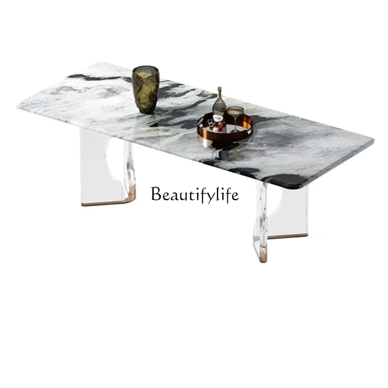 Light luxury simple natural marble dining table acrylic feet rectangular dining table