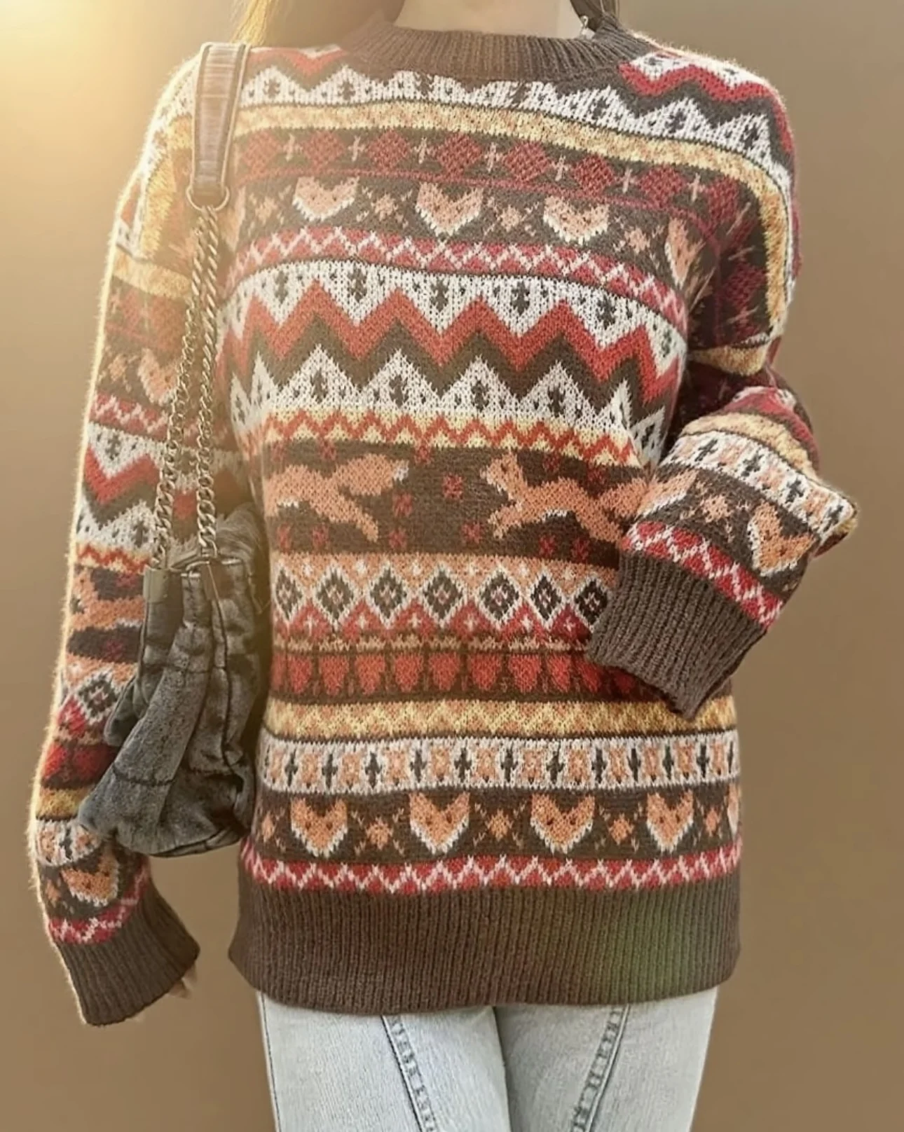 ใหม่ธีมคริสต์มาสฤดูใบไม้ร่วงและฤดูหนาวสัตว์น่ารัก Fox รูปแบบ jacquard เสื้อสเวตเตอร์คอกลมสําหรับผู้หญิง