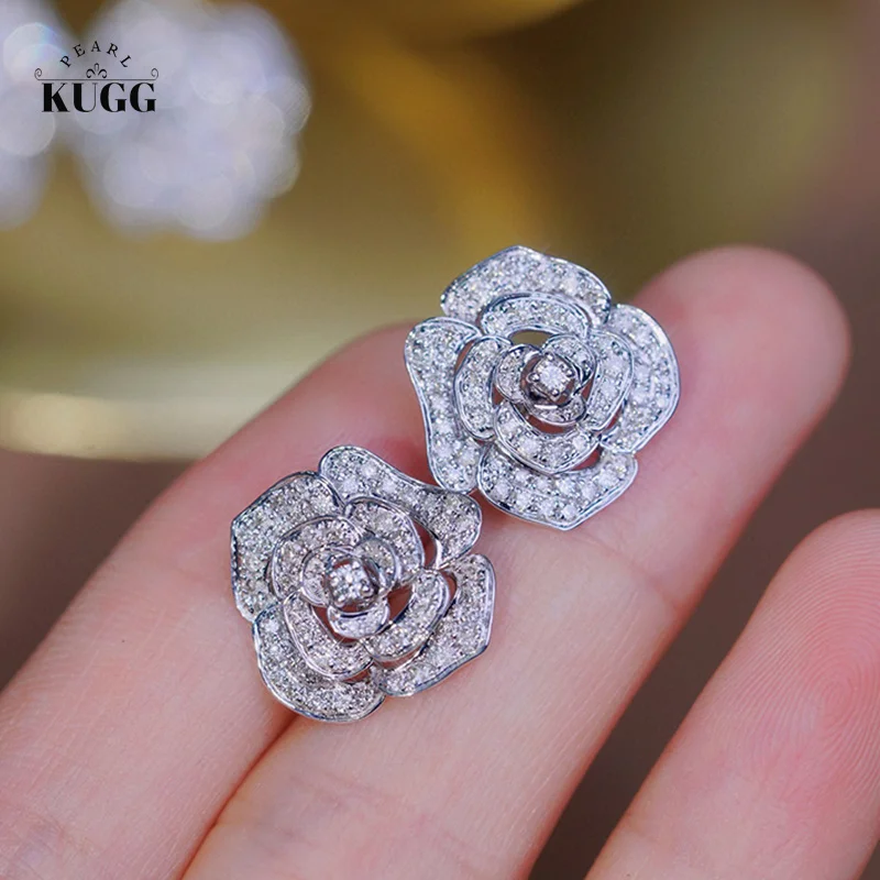 

KUGG 18K White Gold Earrings 1.0carat Real Natural Diamond Stud Earrings for Women Engagement Jewelry Luxury Camellia Design