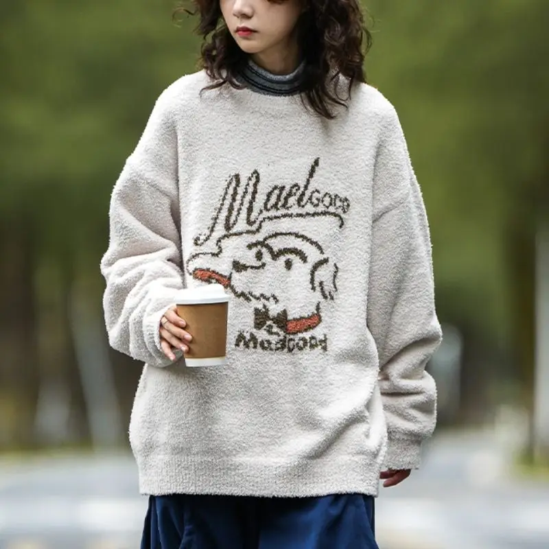 Pullover Knitted Sweater Cartoon Letter Jacquard 2024 Japanese Retro Autumn Winter Round Neck Loose Knitted Sweater Loose Top