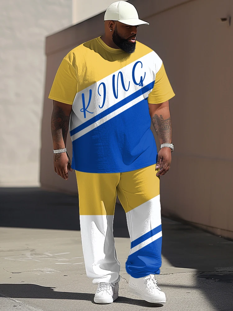 Biggmans Simple Colorblock Letter T-shirt Pants Suit Mens Plus Size Loose Fit Two Piece Set Male Casual Oversized Outfits L-9XL