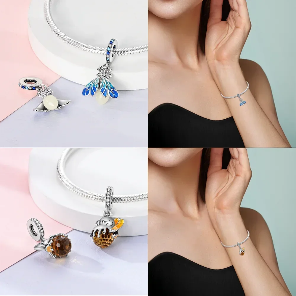 Cute Hot Sale 925 Sterling Silver Gold Color Fireflies Luminous Charms Beads Fit 925 Original Bracelets DIY Jewelry Gift Making