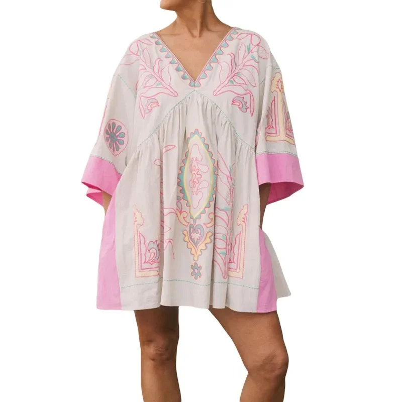 Women's Summer Floral Print Dress V-Neck Loose Fit Short Dress For Beach Print With A V-neck and Three-quarter Sleeves