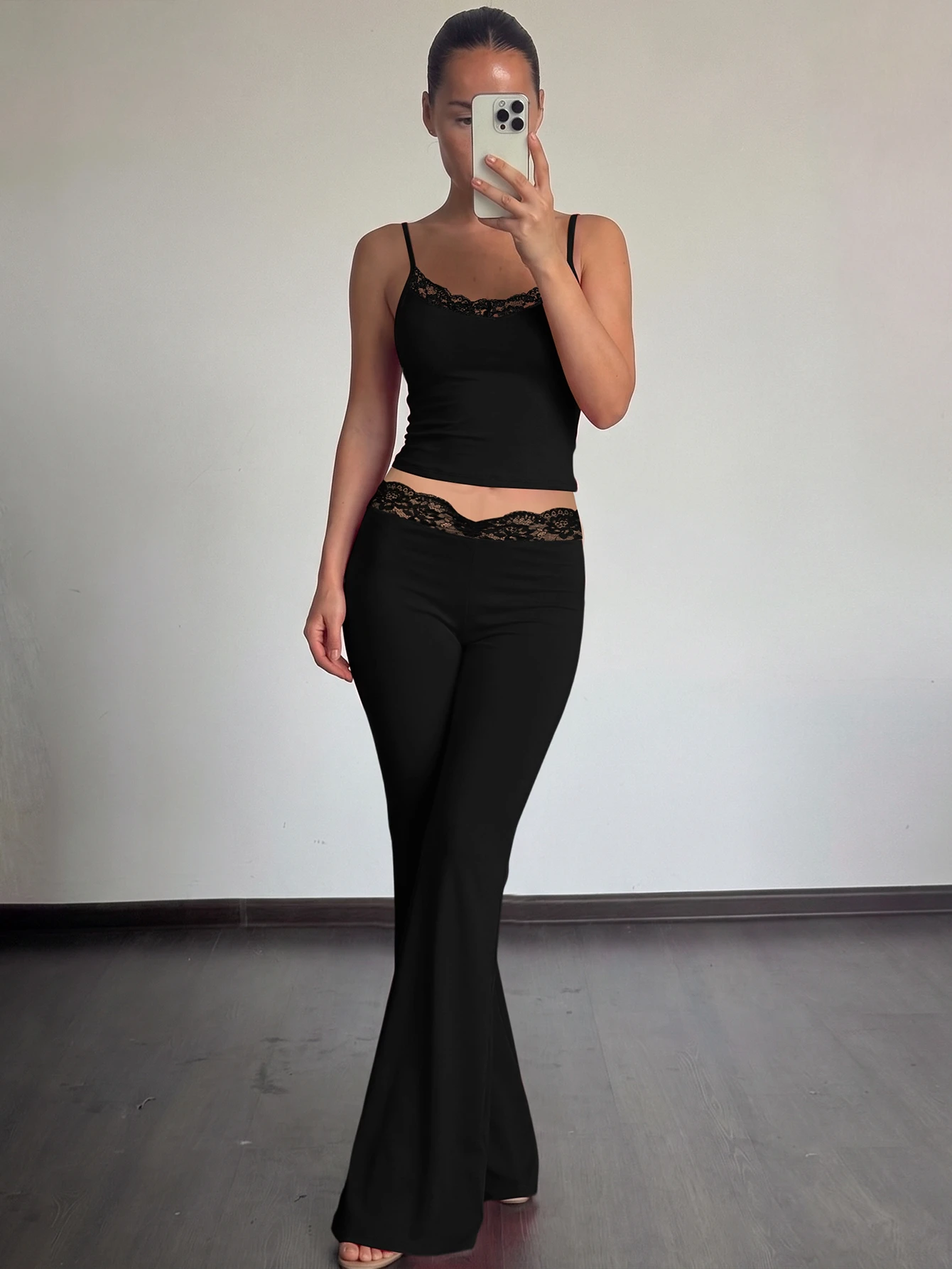 Dulzura Women'S Fashion Sexy Lace Ruffles Patchwork 2 Piece Pants Set Backless Crop Camisole Slim Long Flare Pants Matching Set