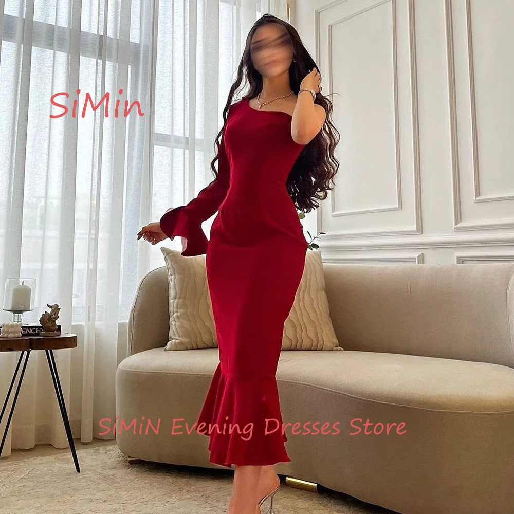 

Simin Saudi One-shoulder Ruffle grace Long-Sleeves Crepe Mermaid Simple Ankle-Length Arab Evening Party dresses for women 2024