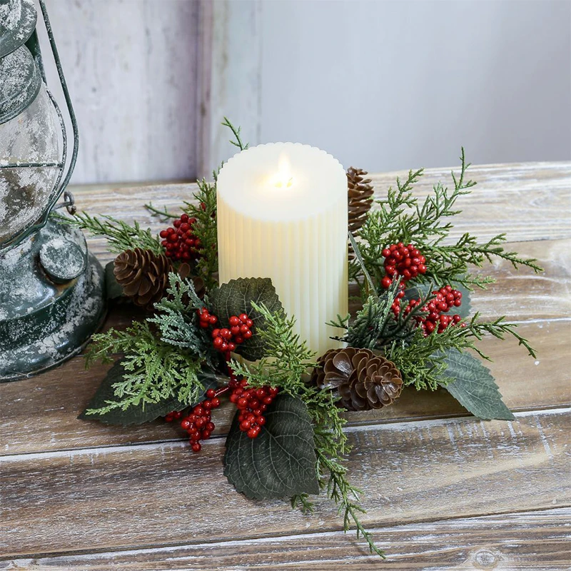 Christmas Candle Holder Wreath Artificial Flower Candle Ring Candlestick Garland New Year Christmas Wedding Table Decoration