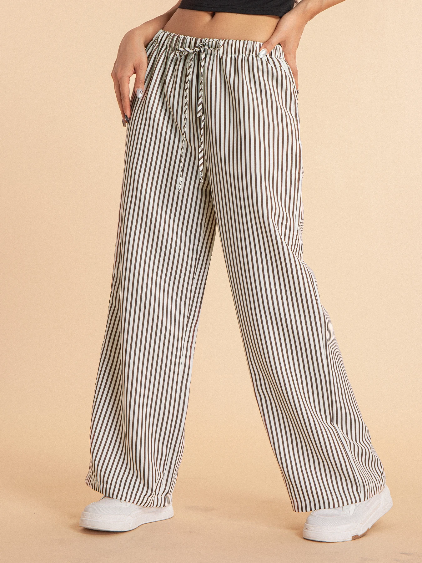 Damenmode, lässig, gestreift, bedruckt, weites Bein, elastische Kordelzug-Taille, vielseitige, lockere Hose mit weitem Bein