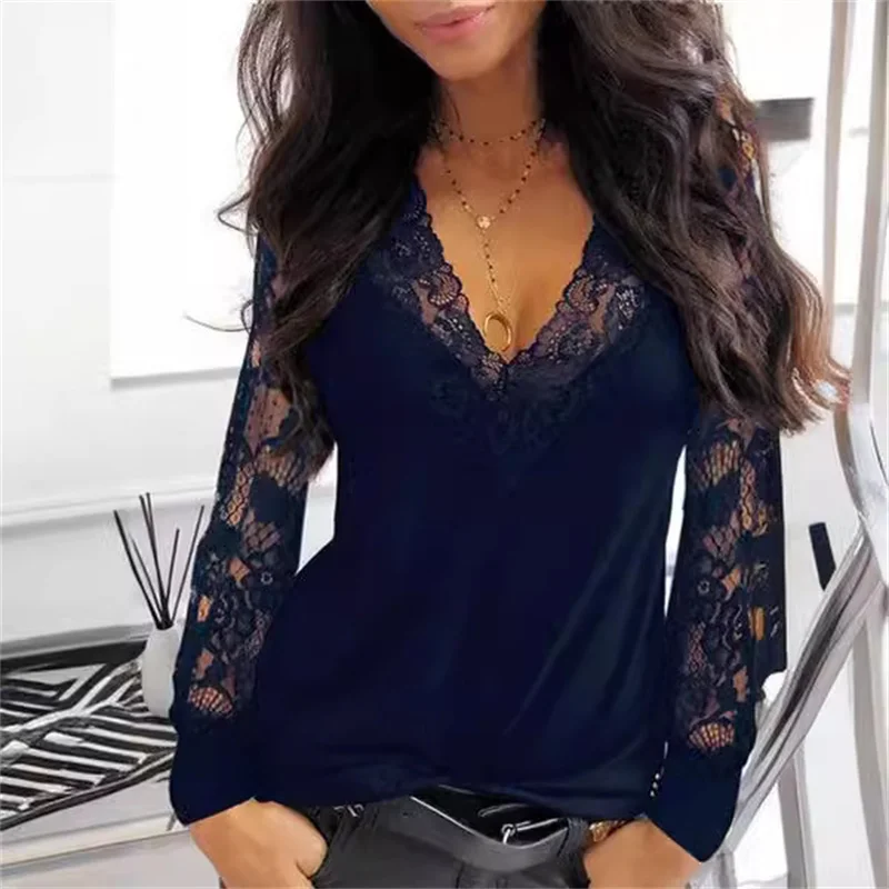 Ladies Sexy Fashion Lace Patchwork Hollow Shirts 2024 Spring Women Blouses Black V-Neck Loose Casual Long Sleeve Y2k Clothes Top — zdjęcie 5